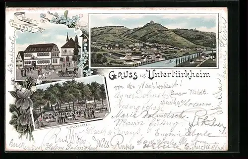 Lithographie Untertürkheim, Gasthof zum Hirsch, Hirschgarten, Teilansicht