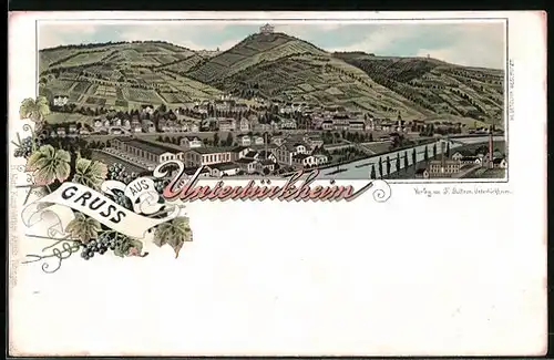 Lithographie Untertürkheim, Gesamtansicht mit Fabrik, Bergen und Neckar