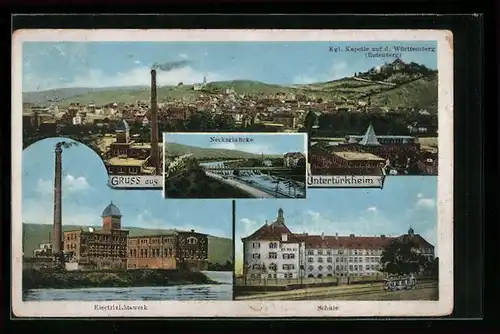 AK Untertürkheim, Electrizitätswerk, Schule, Neckarbrücke, Ortsansicht mit Rotenberg