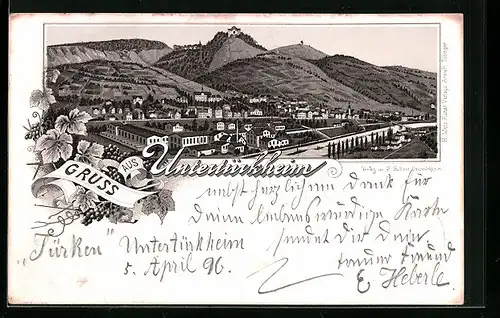Lithographie Untertürkheim, Gesamtansicht mit Hügeln und Neckar aus der Vogelschau