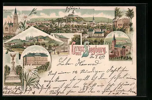 Lithographie Siegburg, Gymnasium, Seminar, Krieger-Denkmal