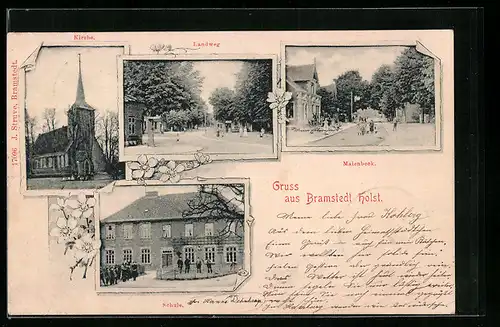 Passepartout-AK Bramstedt /Holst., Kirche, Schule, Landweg und Maienbeck