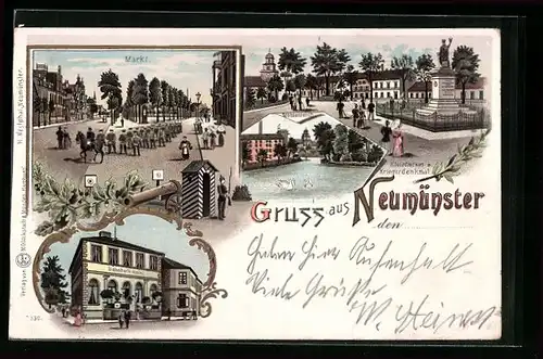 Lithographie Neumünster, Bahnhofs-Hotel, Mühlenteich, Kleinflecken mit Kriegerdenkmal