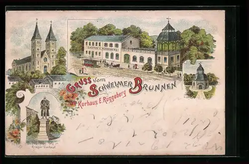 Lithographie Schwelm, Kurhaus E. Rüggeberg, Schwelmer Brunnen, Krieger-Denkmal
