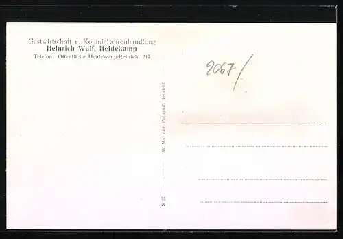 AK Heidekamp, Ansicht der Gastwirtschaft u. Kolonialwarenhandlung Heinrich Wulf