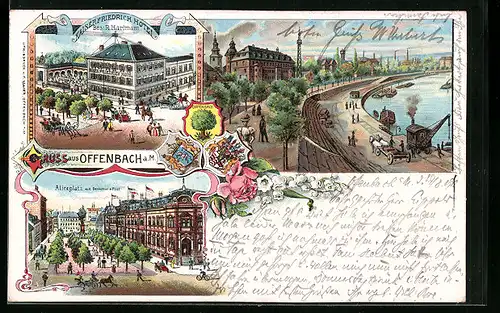 Lithographie Offenbach, Hotel Kaiser Friedrich von R. Hartmann, Aliceplatz mit Denkmal & Post, Wappen