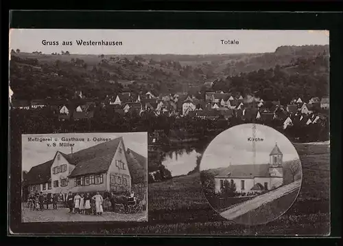 AK Westernhausen, Metzgerei & Gasthaus zum Ochsen, Kirche, Totale