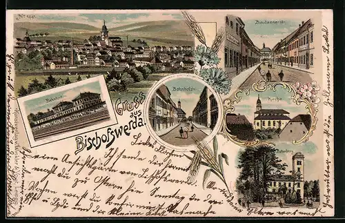 Lithographie Bischofswerda, Ortsansicht, Bahnhof, Bautzenerstrasse, Butterberg