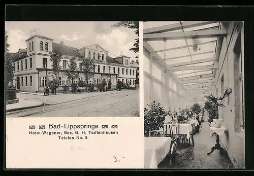 AK Bad Lippspringe, Hotel Wegener G. H. Todtenhausen mit Strasse und Wintergarten