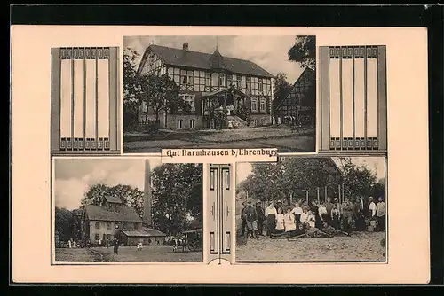 AK Ehrenburg, Gut Harmhausen mit Nebengebäude und Gruppe im Garten