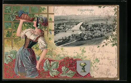 Passepartout-Lithographie Untertürkheim, Gesamtansicht, Untertürkheimerin mit Weintrauben-Tablett, Wappen