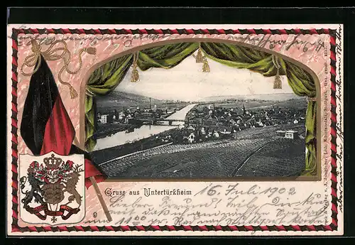 Passepartout-Lithographie Untertürkheim, Totalansicht, Fahne und Wappen