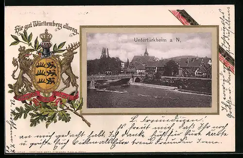 Passepartout-Lithographie Untertürkheim, Ortsansicht mit Neckarbrücke, Präge-Wappen mit Krone