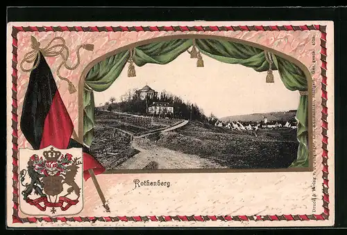 Passepartout-Lithographie Rothenberg, Ortsansicht hinter einem Vorhang, Wappen mit Fahne