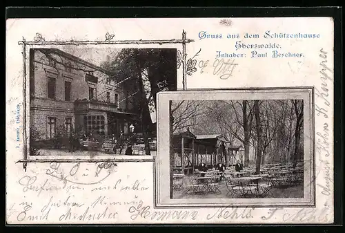 Passepartout-AK Eberswalde, Gaststätte Schützenhaus mit Nebengebäude und Garten