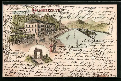 Lithographie Rolandseck a. R., Hotel Rolandseck-Groyen F. Müller mit Uferstrasse und Fluss-Insel, Ruine