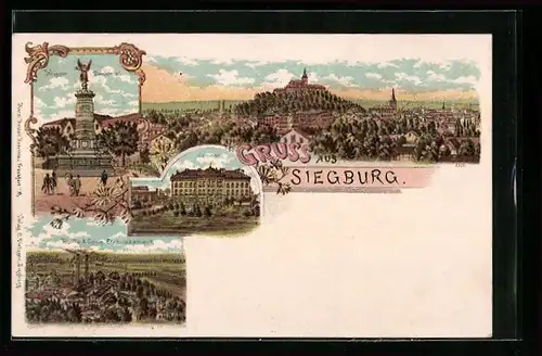 Lithographie Siegburg, Panorama, Krieger-Denkmal, Seminar, Rolffs & Comp. Etablissement