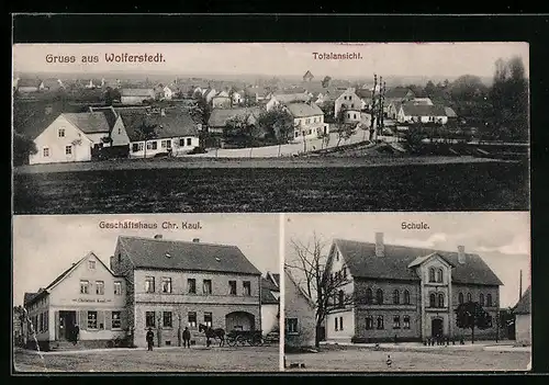 AK Wolferstedt, Geschäftshaus Chr. Kaul, Schule, Totalansicht