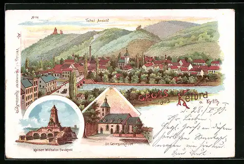 Lithographie Kelbra a. Kyffh., Totalansicht, Kaiser Wilhelm-Denkmal, St. Georgskirche