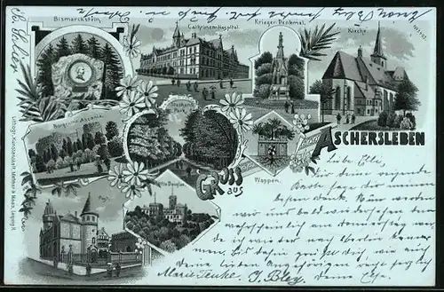 Mondschein-Lithographie Aschersleben, Villa Douglas, Cathrinen-Hospital, Kirche