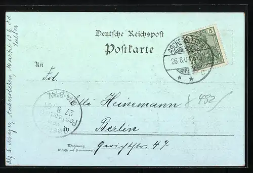 Mondschein-Lithographie Aschersleben, Villa Douglas, Cathrinen-Hospital, Kirche