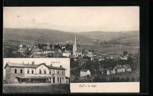 AK Call i. d. Eifel, Bahnhof mit Bahnhof-Restaurant, Teilansicht