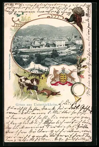 Passepartout-Lithographie Untertürkheim, Ortsansicht, Wappen und Jagdhund