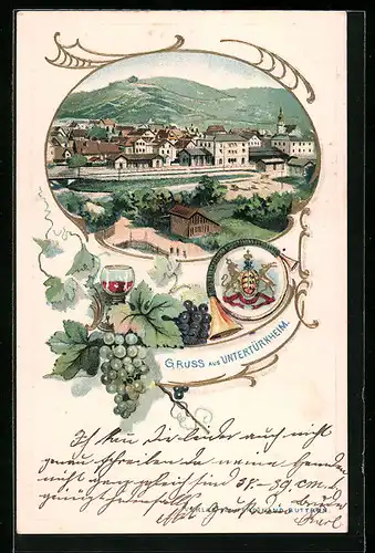 Passepartout-Lithographie Untertürkheim, Teilansicht mit Kirche, Wappen