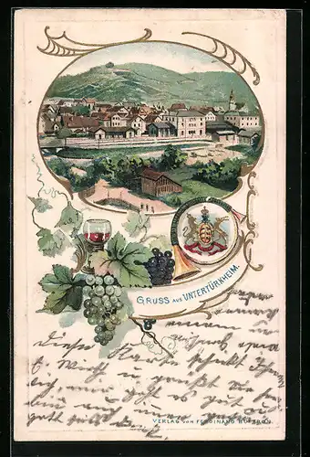 Passepartout-Lithographie Untertürkheim, Teilansicht mit Kirche, Wappen