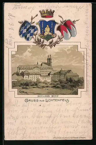 Passepartout-Lithographie Lichtenfels, Schloss Banz, Wappen
