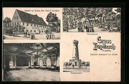 AK Terpitzsch b. Colditz, Gasthof zur Sonne, Bes.: Richard Leuschner, Heimats-Turm, Konzertgarten