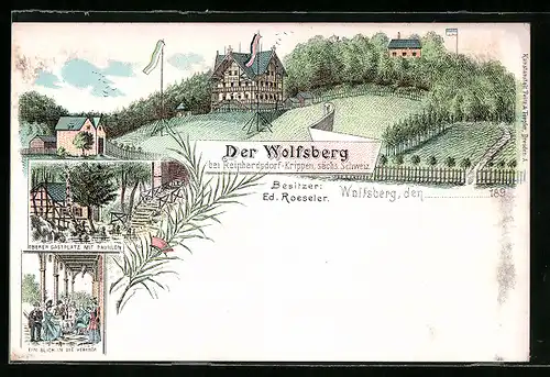 Lithographie Reinhardsdorf-Krippen /Sächs. Schweiz, Wolfsberg, Bes.: Ed. Roeseler