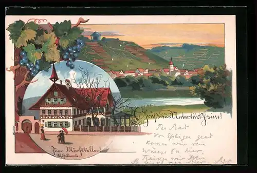 Lithographie Untertürkheim, Gruss aus dem Gasthaus zum Mönchskeller