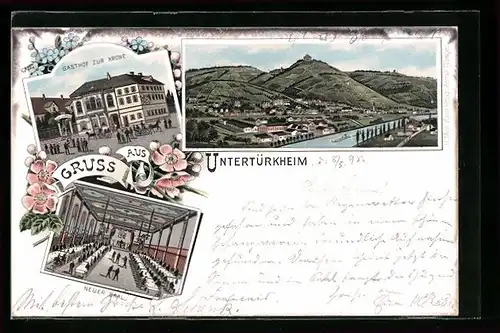 Lithographie Untertürkheim, Gasthof zur Krone, Neuer Saal, Ortsansicht