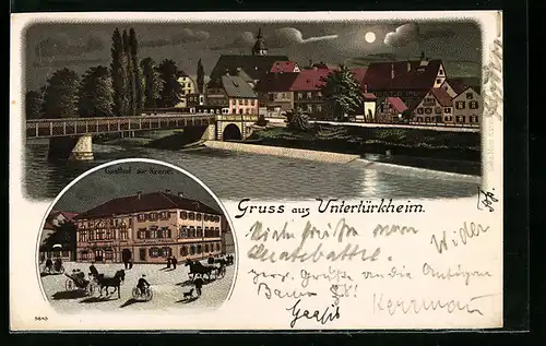 Lithographie Untertürkheim, Gasthof zur Krone, Ortsansicht