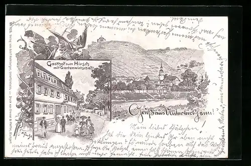 Lithographie Untertürkheim, Gasthof zum Hirsch mit Gartenwirtschaft, Ortsansicht