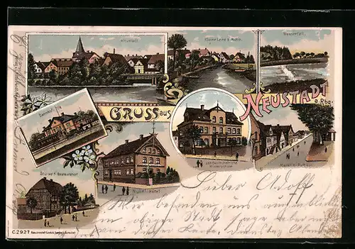 Lithographie Neustadt a. Rbg., Ortsansicht, Bahnhof, Nülles Hotel, Stürkels Restauration