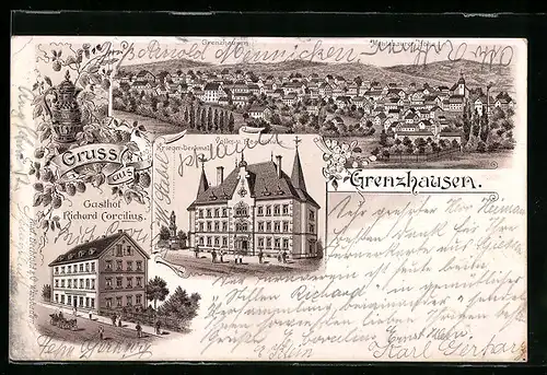 Lithographie Grenzhausen, Gasthof Richard Corcilius, Volks- und Realschule, Kriegerdenkmal