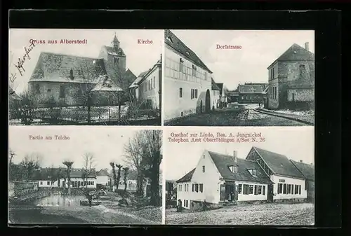 AK Alberstedt, Gasthof zur Linde, Bes.: A. Jungnickel, Kirche, Dorfstrasse