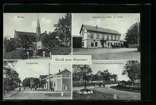AK Wacken, Gasthof zur Post, Inh.: Cl. Offe, Kirche, Dorfstrasse