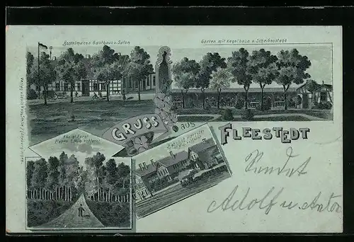 Lithographie Fleestedt, Bastelmanns Gasthaus u. Salon, Bahnhof, Königl. Forst