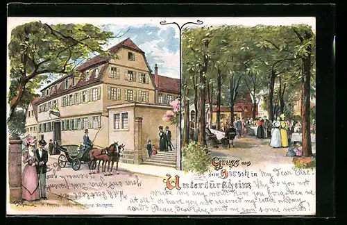 Lithographie Untertürkheim, Gasthaus zum Hirsch mit Gartenpartie und Pferdekutsche