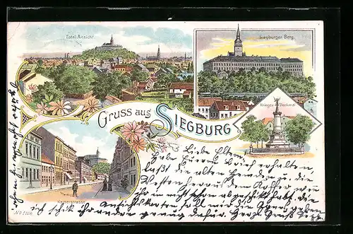 Lithographie Siegburg, Kaiserstrasse, Siegburger Berg, Krieger-Denkmal