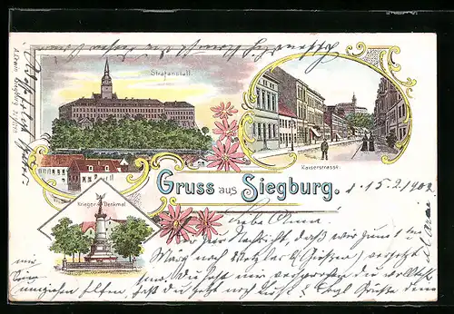 Lithographie Siegburg, Strafanstalt, Kaiserstrasse, Krieger-Denkmal