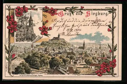 Lithographie Siegburg, Panoramablick auf die Stadt, Blumenrahmen