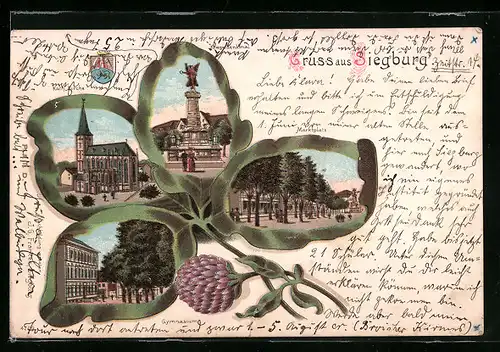 Passepartout-Lithographie Siegburg, Marktplatz, Gymnasium, Kriegerdenkmal