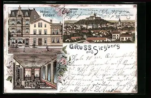 Lithographie Siegburg, Hotel Felder, Innenansicht, Totalansicht