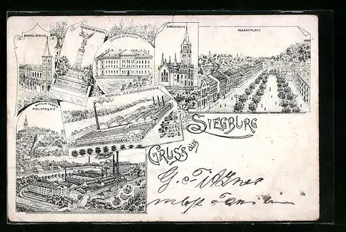 Vorläufer-Lithographie Siegburg, 1895, Kgl. Geschoss-Fabrik, Kattun-Fabrik Rolffs & Cie, Lehrer Seminar