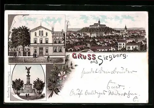 Lithographie Siegburg, Hotel Felder, Denkmal, Panorama