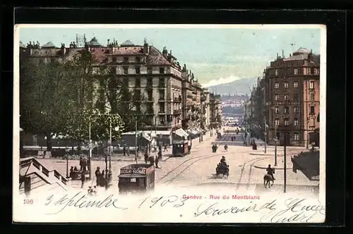 AK Genève, Rue du Montblanc, Strassenpartie mit Strassenbahn